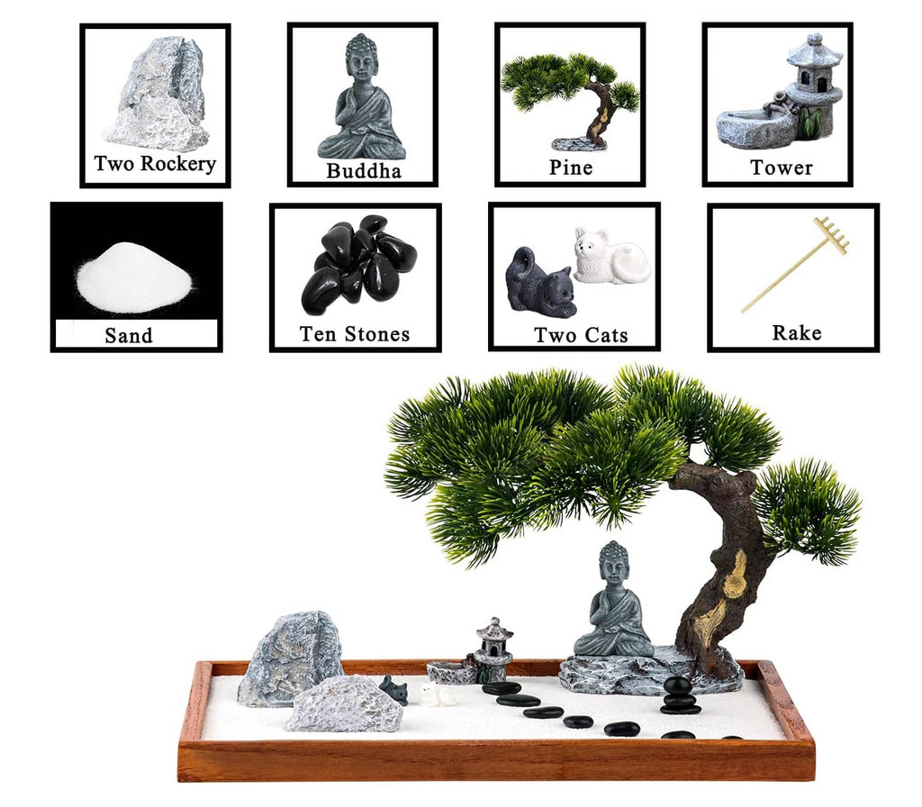 Mini zen garden kit tray with Buddha statue, pine tree, rock pieces, sand, and rake