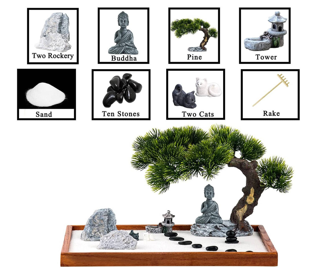 Mini zen garden kit tray with Buddha statue, pine tree, rock pieces, sand, and rake