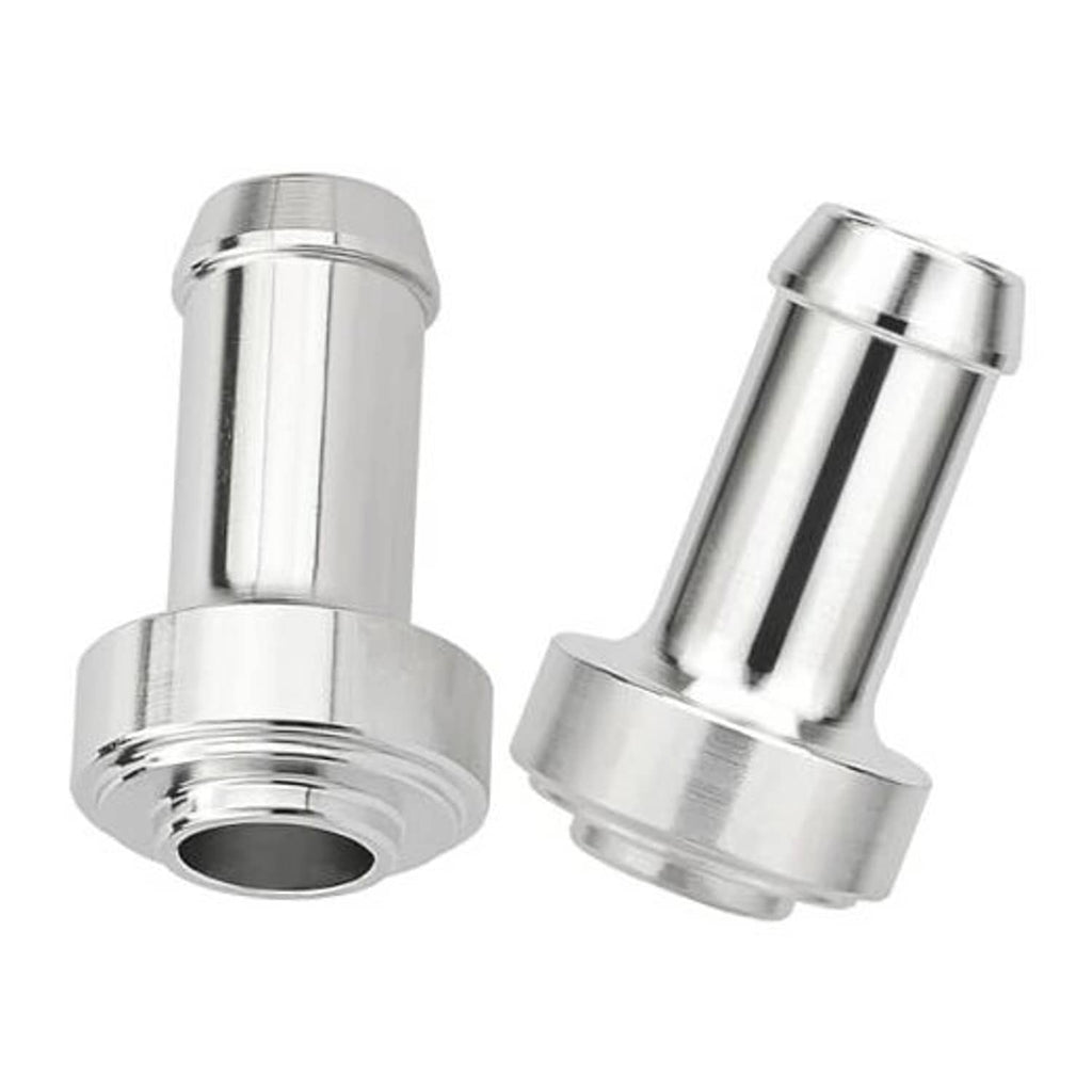 Silver metal weld-on hose barb tail nipple with flange base, shiny polished finish