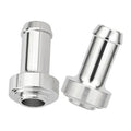 Silver metal weld-on hose barb tail nipple with flange base, shiny polished finish