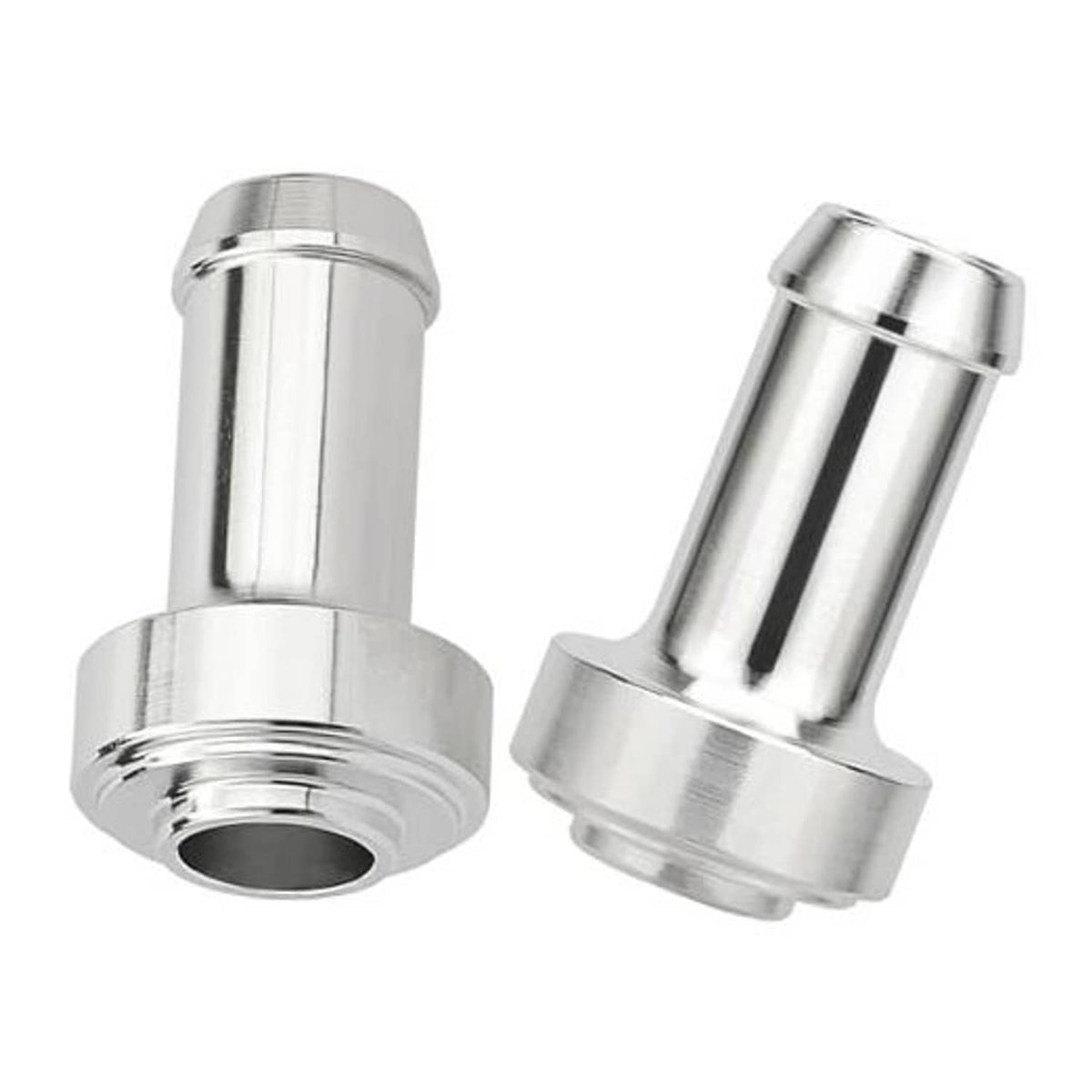 Silver metal weld-on hose barb tail nipple with flange base, shiny polished finish