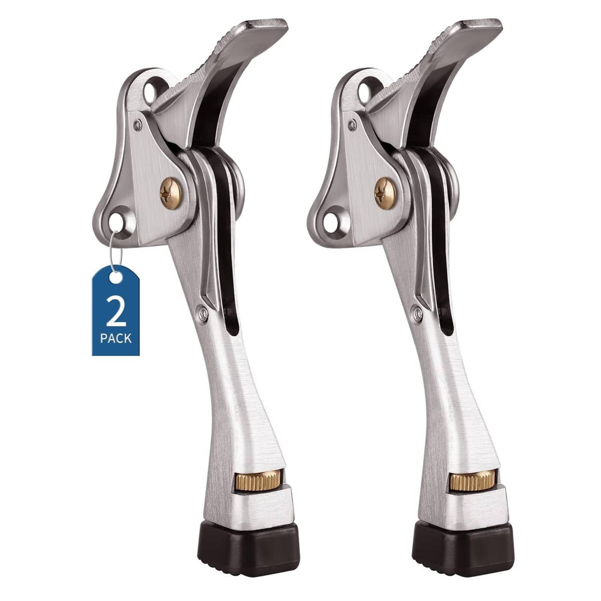 Metal one-touch kickdown door stopper, adjustable base, 2-pack