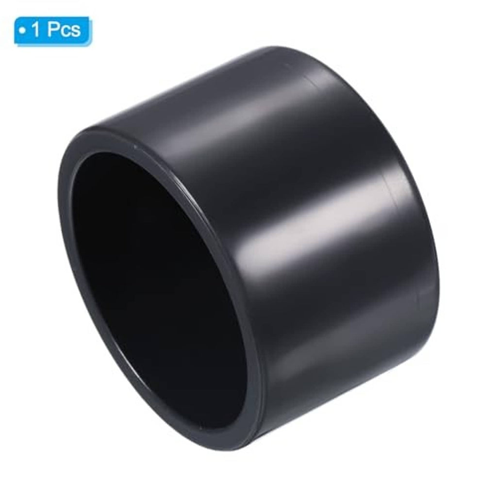 Black UPVC pipe end cap with open socket end and smooth cylindrical outer surface