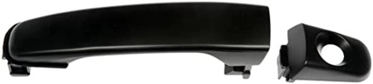 Front exterior door handle with black grip and mounting bracket, driver side