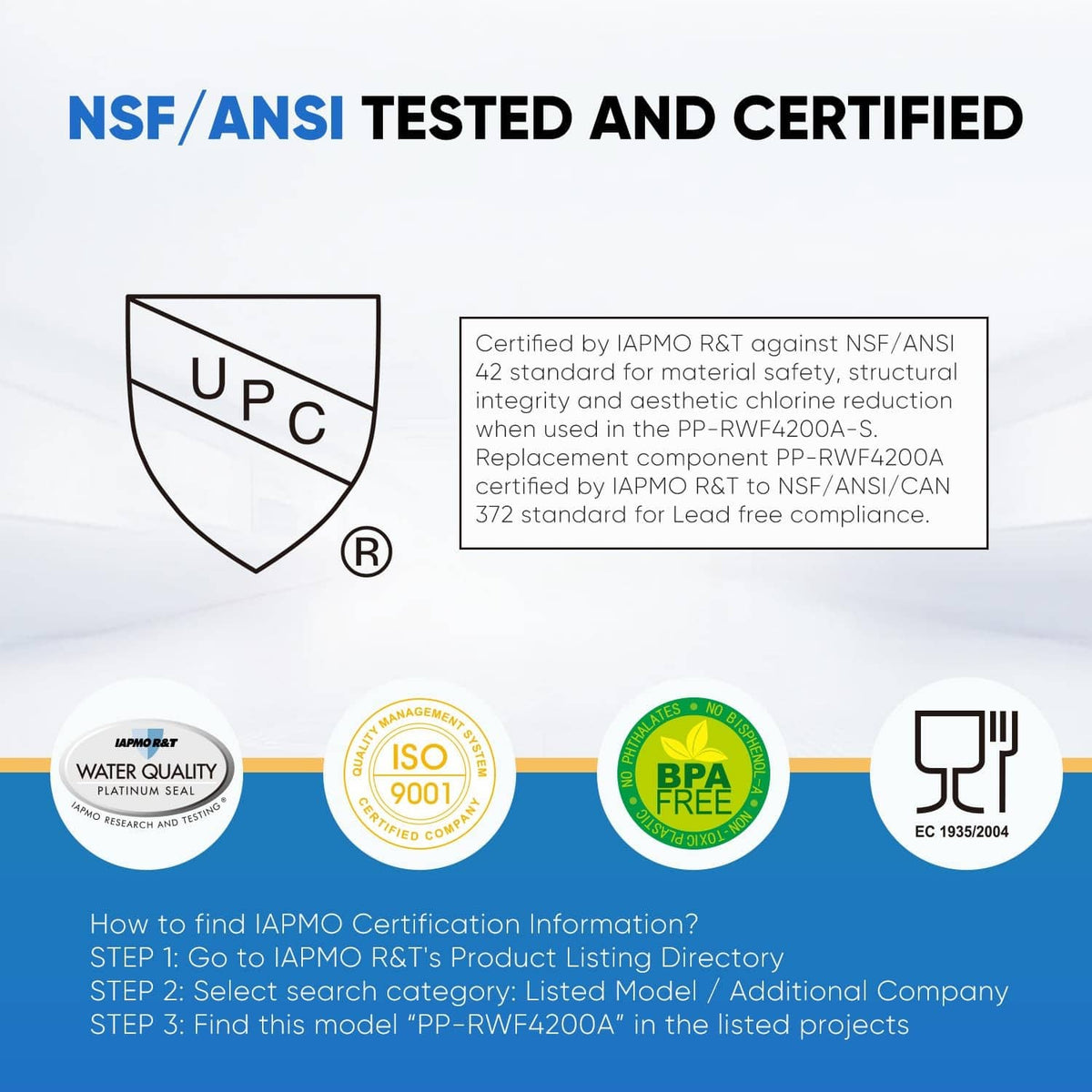 Refrigerator water filter replacement with certification icons on label.