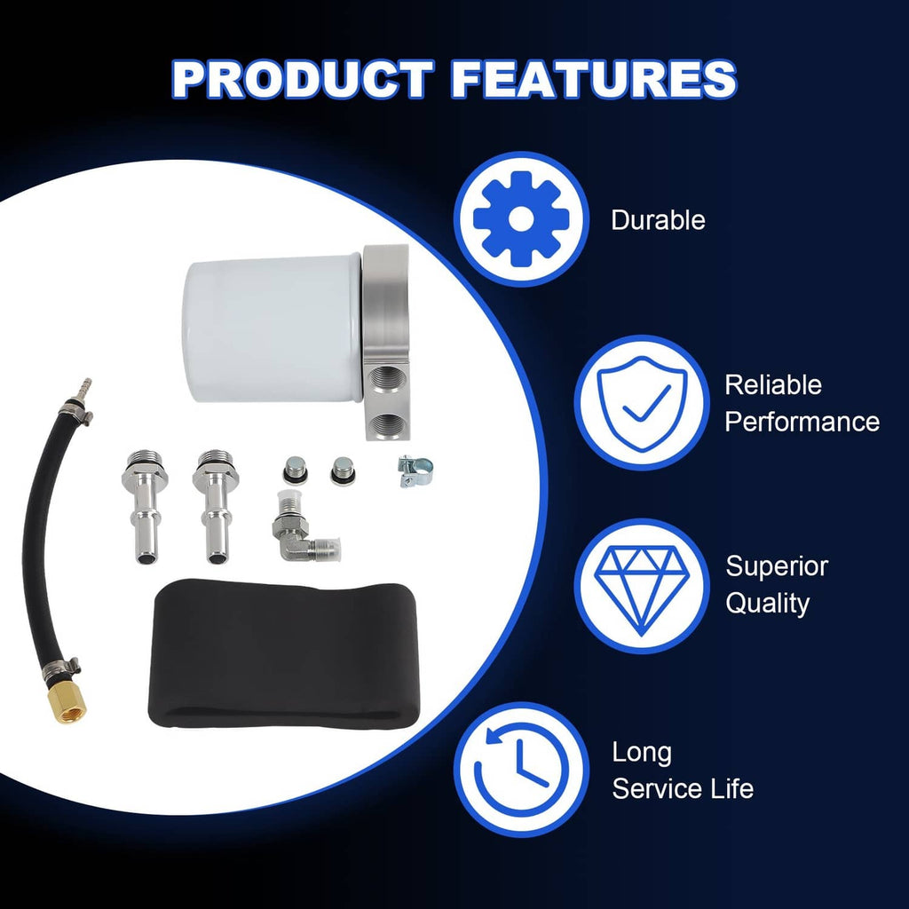 Fuel filter conversion kit features view: filter canister, black boot, hose, fittings