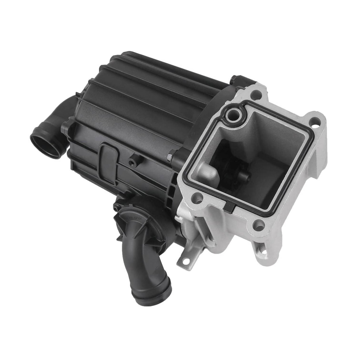 Crankcase ventilation separator with mounting gasket, black and silver housing.