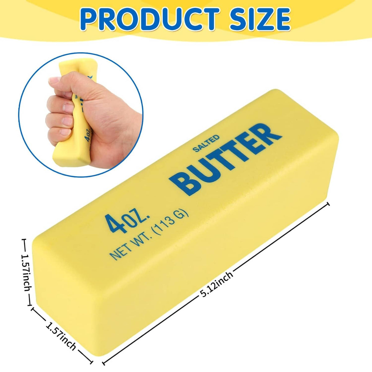 Yellow salted butter squishy fidget toy with size dimensions shown