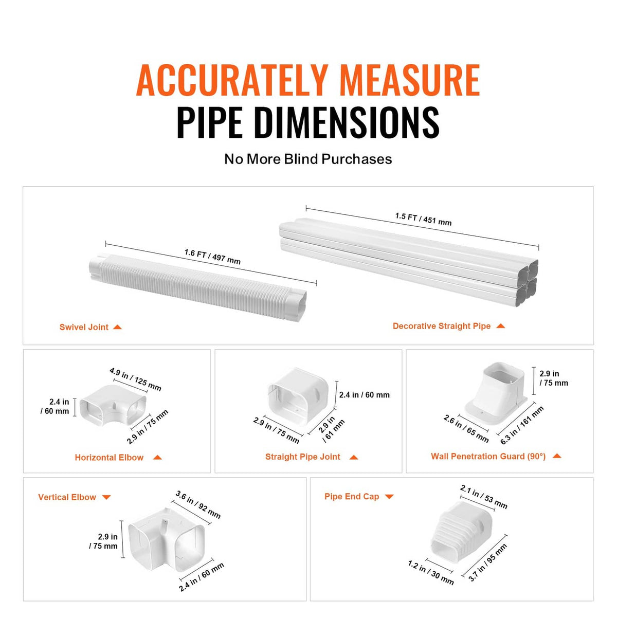 White line set cover components with measured straight pipe and elbow connectors