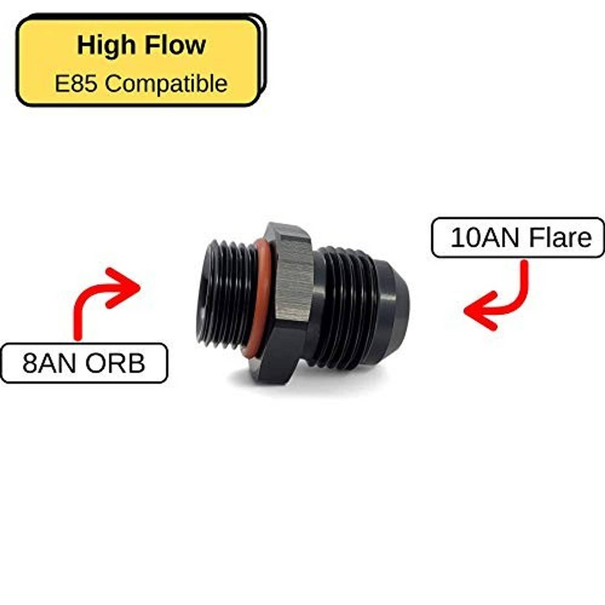 Straight AN adapter showing 8AN ORB end and 10AN flare side, black with orange O-ring