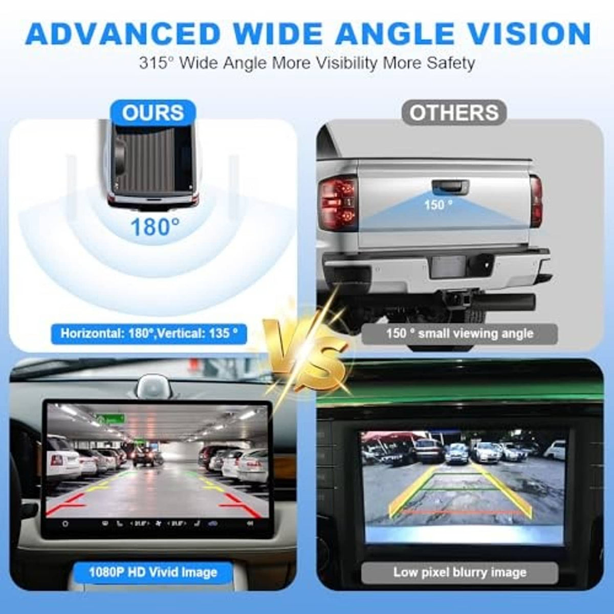 Tailgate handle backup camera with wide-angle parking guide graphic and lens housing