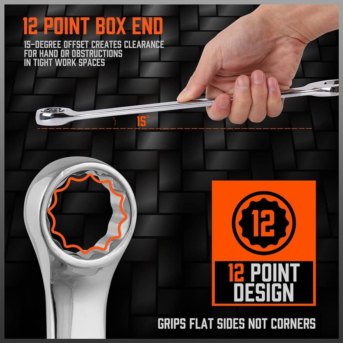 Chrome wrench with 12-point box end held by hand for turning fasteners