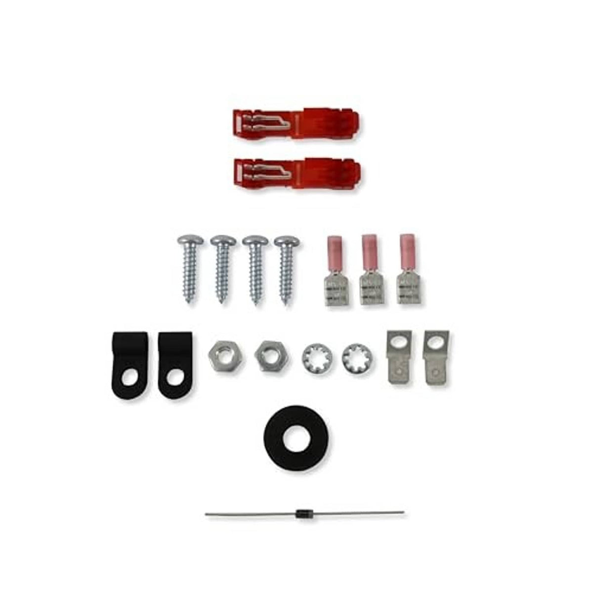 Ignition control mounting hardware set: red connectors, screws, washers, and small parts