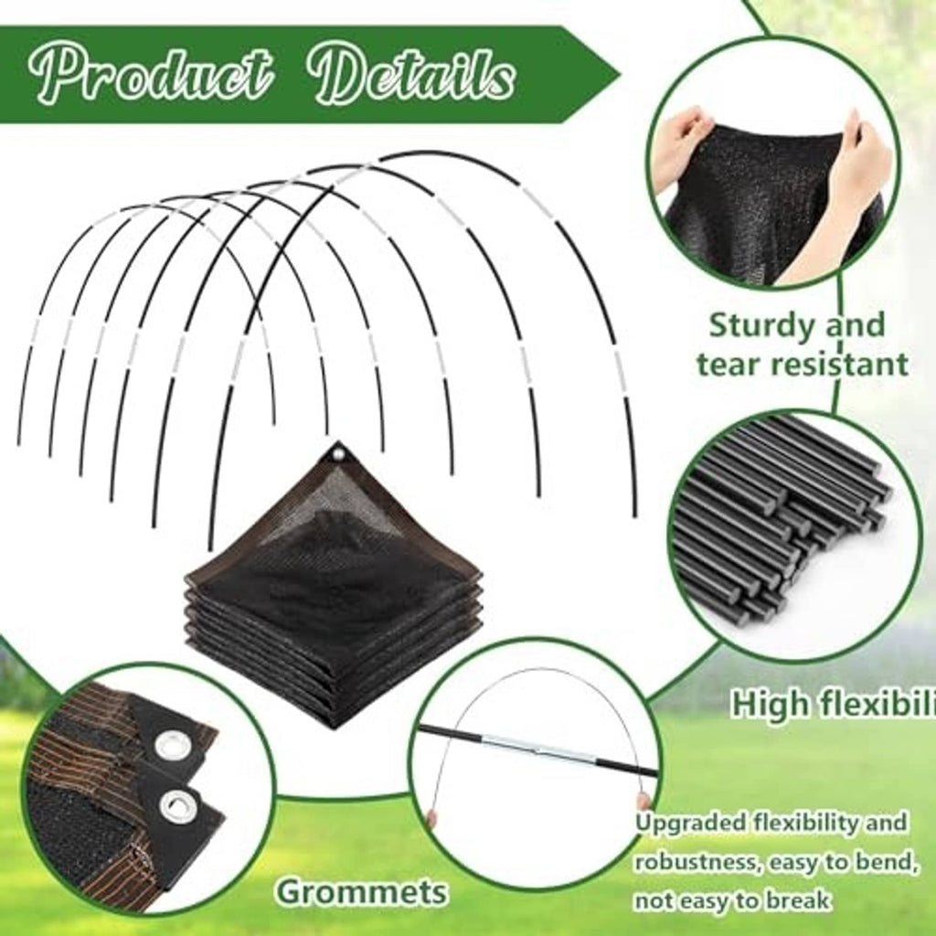 Black shade cloth with reinforced grommets and arched hoop sections for plant protection
