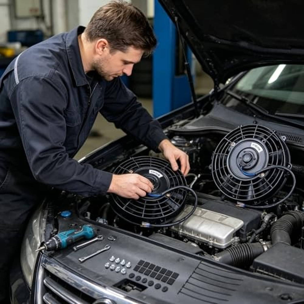 Technician installing two black radiator cooling fans in a vehicle engine bay