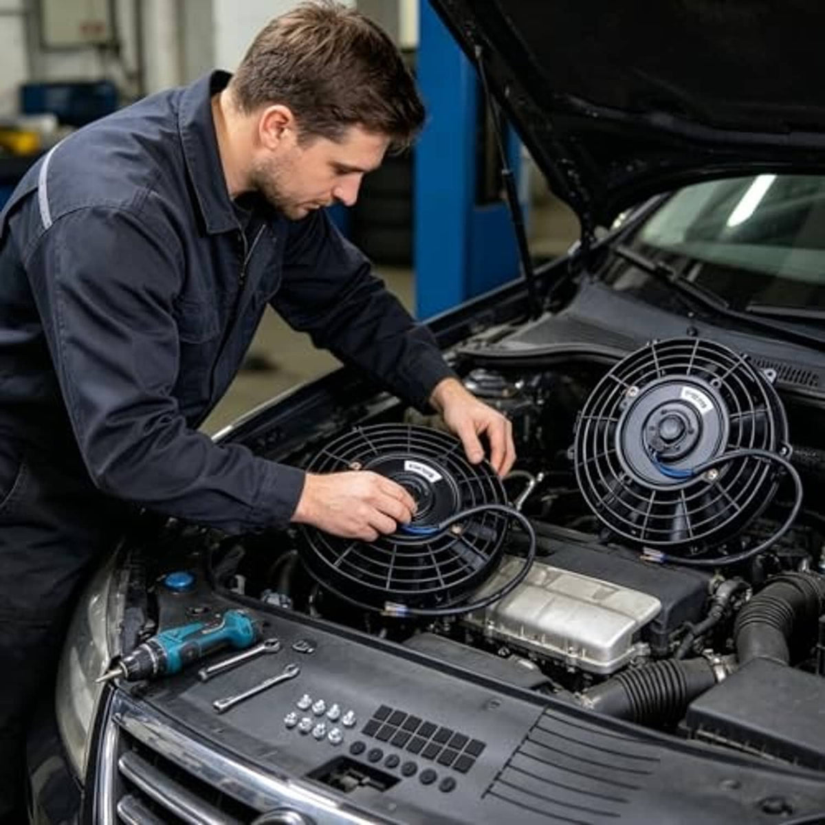 Technician installing two black radiator cooling fans in a vehicle engine bay