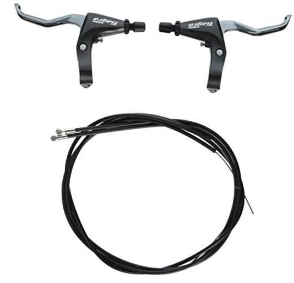 Pair of black Shimano Tiagra road bike brake levers with black brake cables