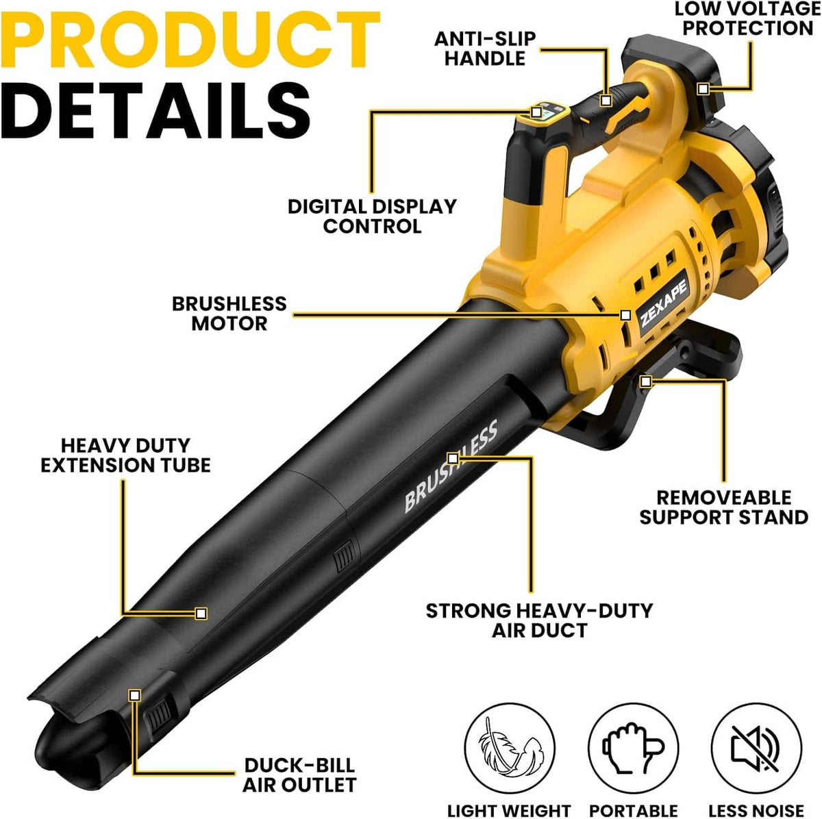 Cordless leaf blower with digital display control, removable stand, and extended tube