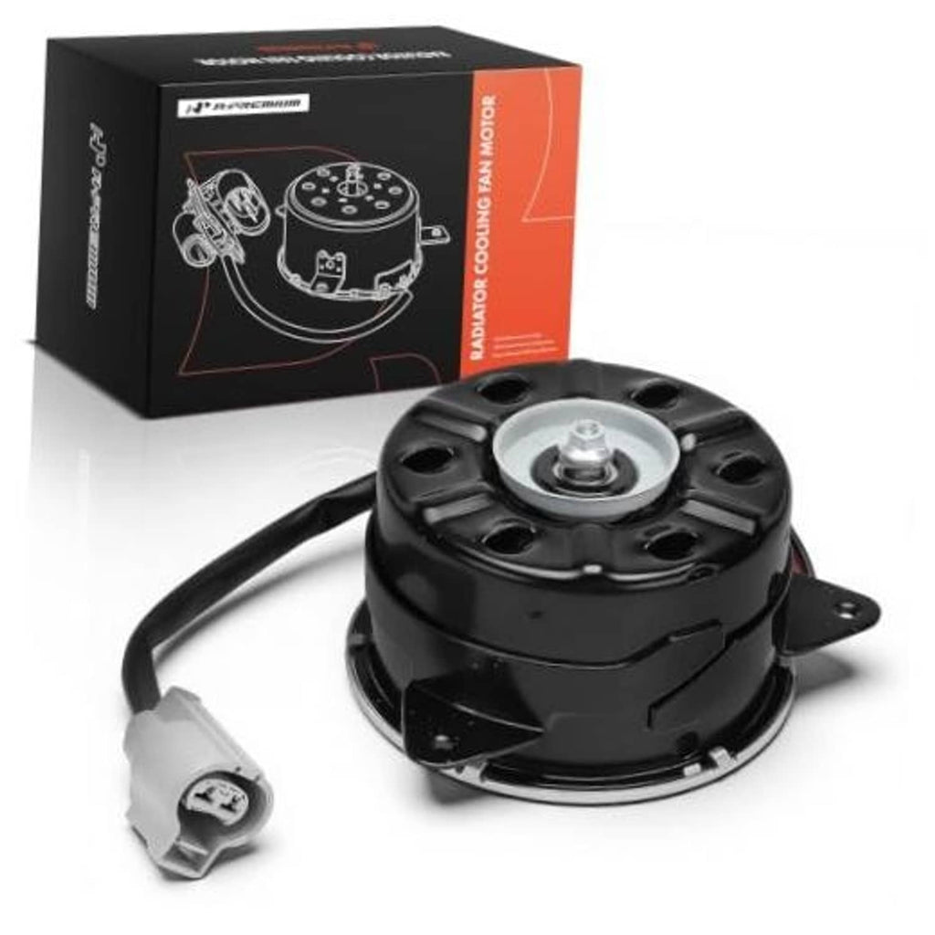 Black radiator cooling fan motor with mounting plate and electrical connector