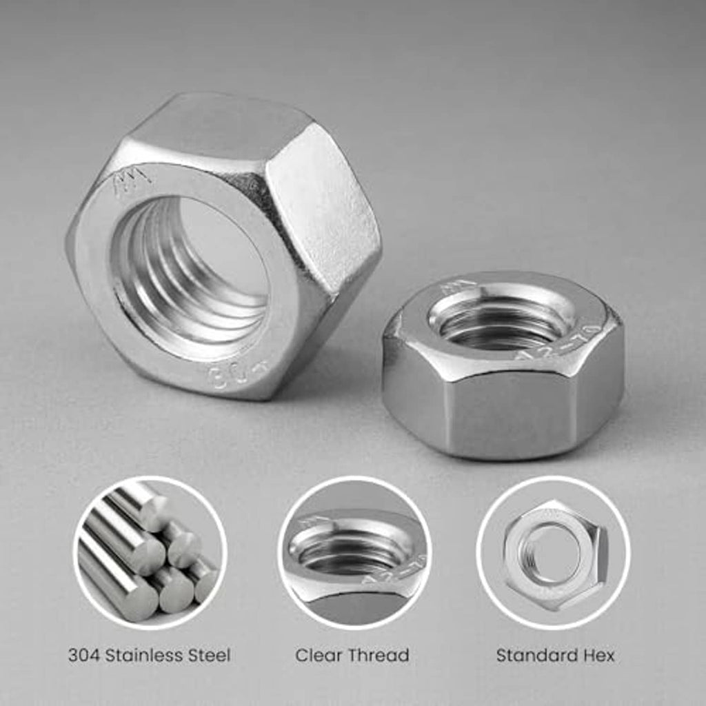 Stainless steel hex nuts, silver finish, threaded openings and side profile