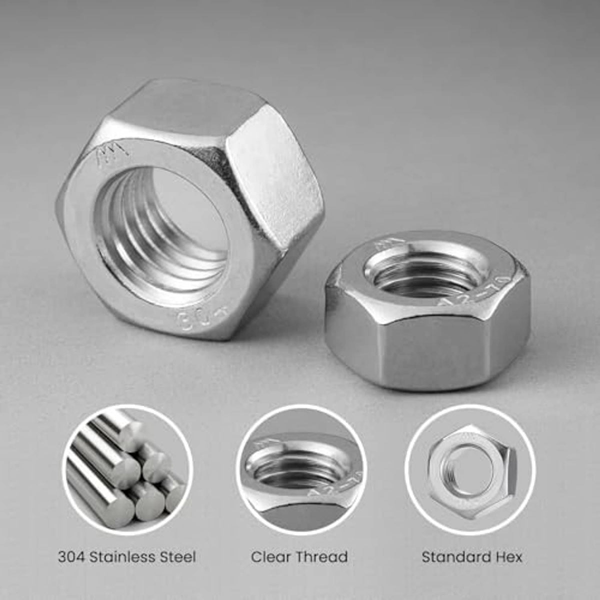 Stainless steel hex nuts, silver finish, threaded openings and side profile