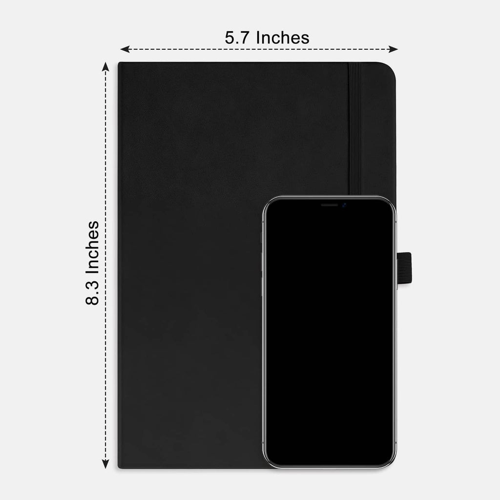 Black A5 journal notebook size with elastic closure band and inner pocket panel