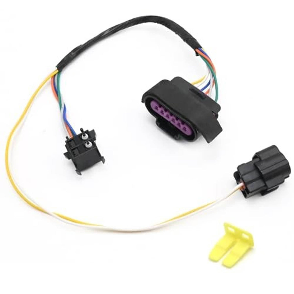 Door handle connector harness with three plugs, colorful wire leads, and yellow tab