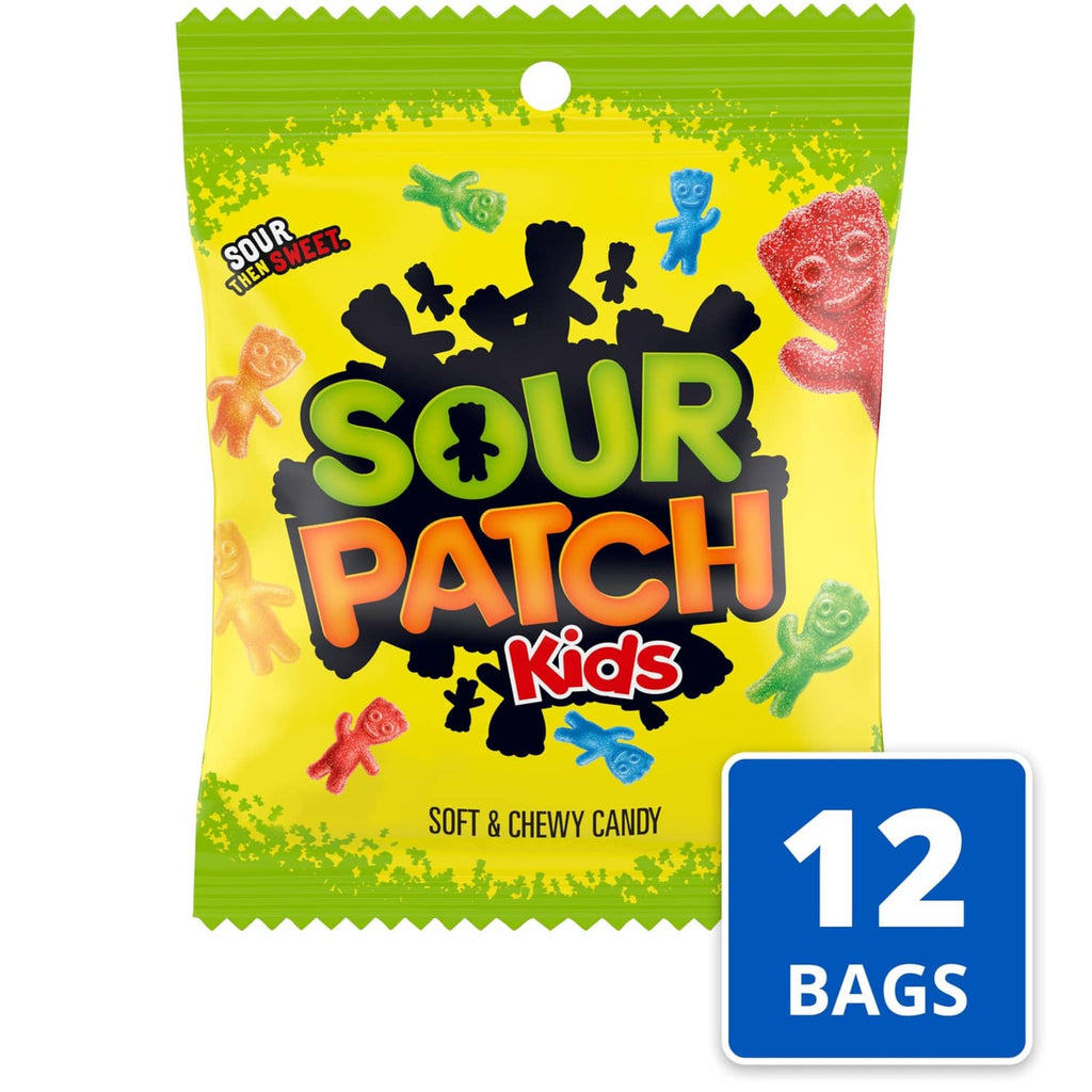 Sour Patch Kids Kids pouch with “12 bags” badge, soft and chewy candy