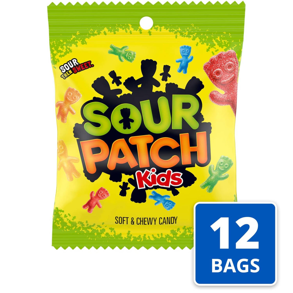 Sour Patch Kids Kids pouch with “12 bags” badge, soft and chewy candy