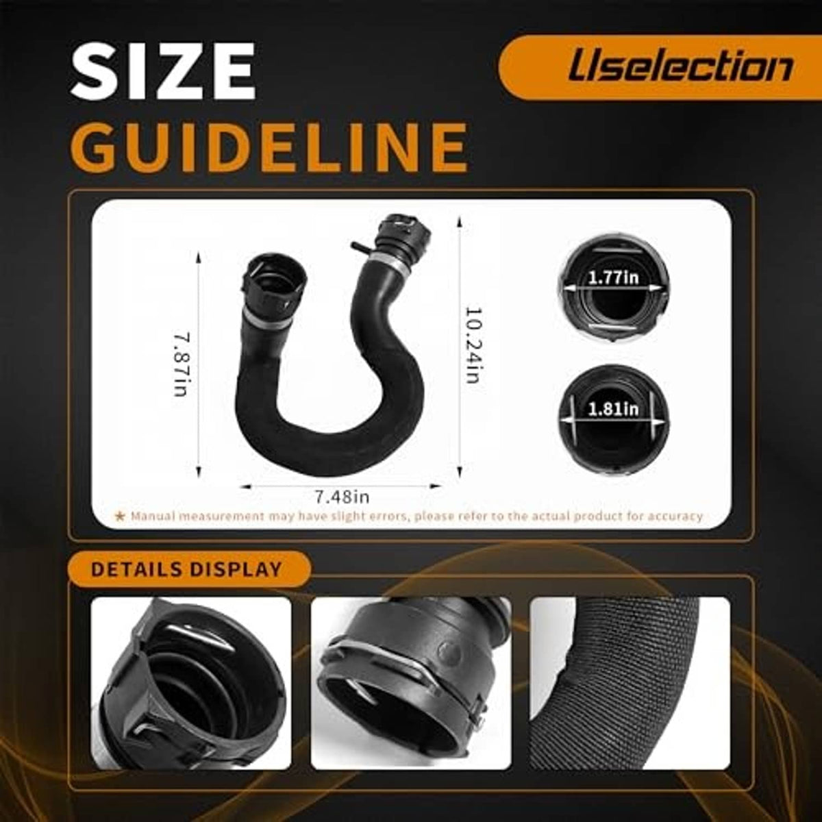 Black radiator coolant hose with reinforced end collars and textured flexible curve.