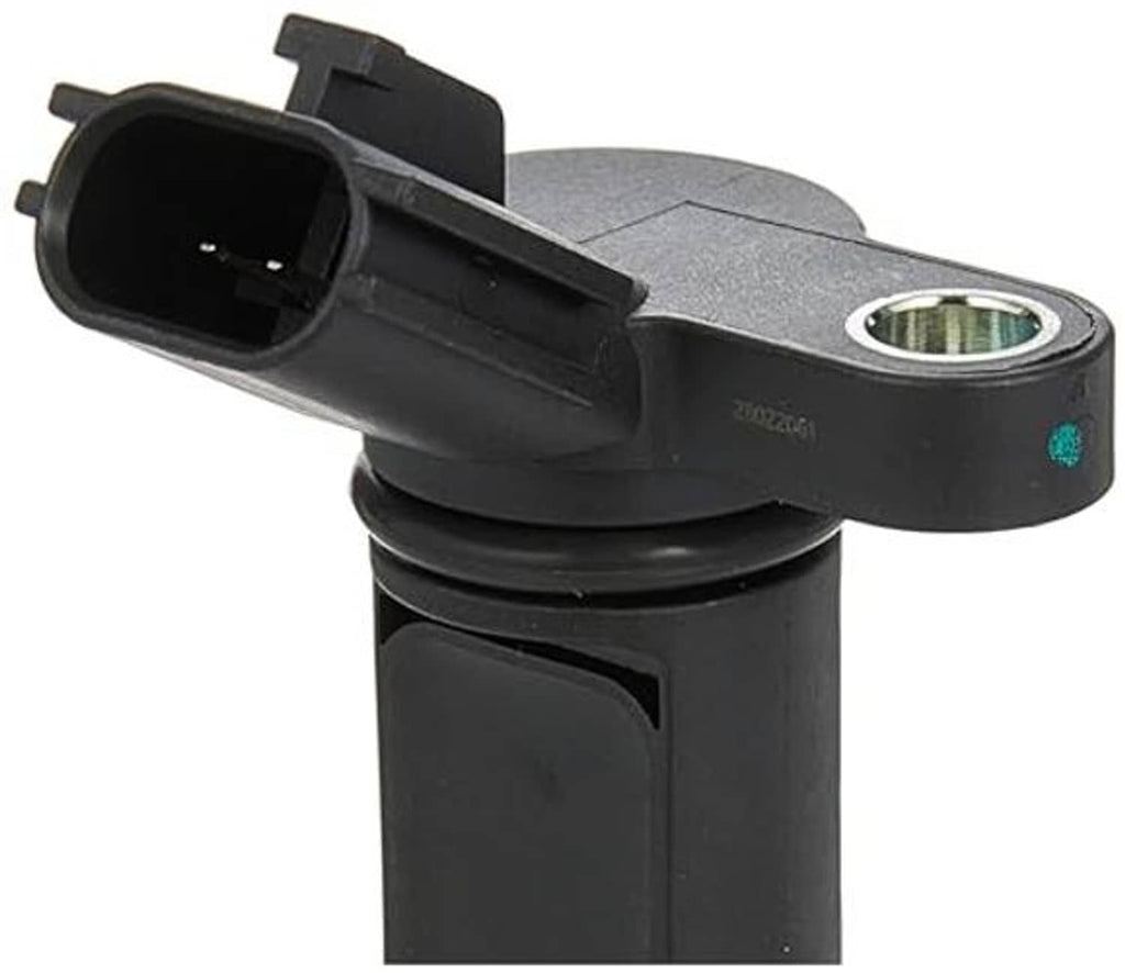 Camshaft position sensor with black connector housing and round metal terminal opening