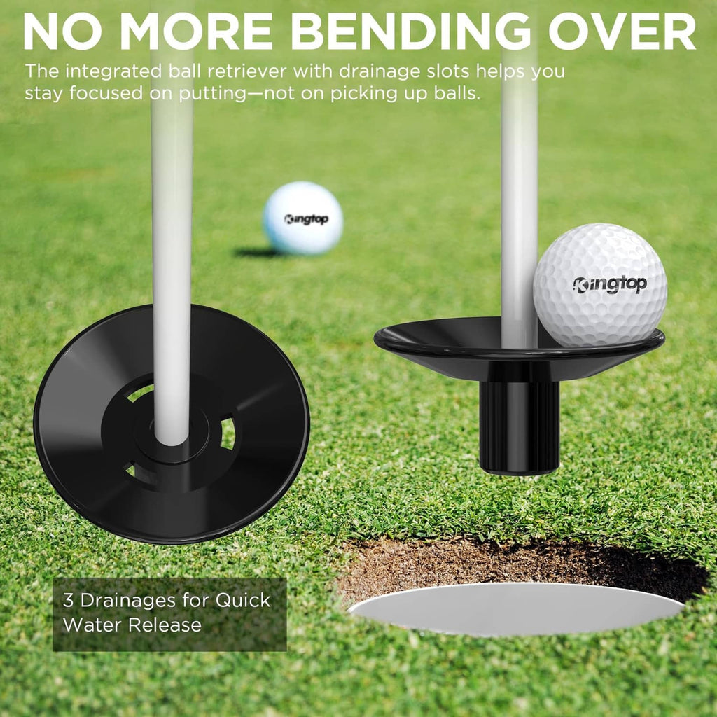 White golf flagpole with round black base and drainage slots for ball retrieval