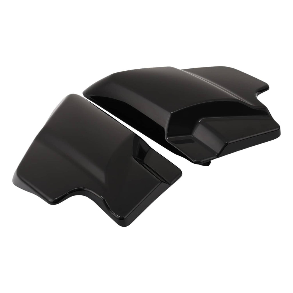 Motorcycle side cover panels in black, pair shown at slight perspective with raised ribs