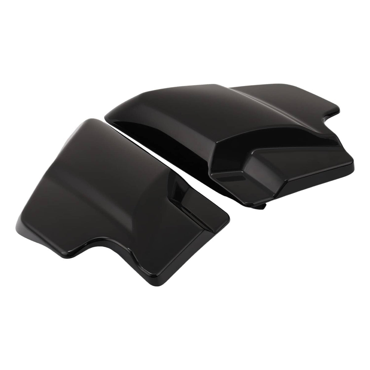 Motorcycle side cover panels in black, pair shown at slight perspective with raised ribs