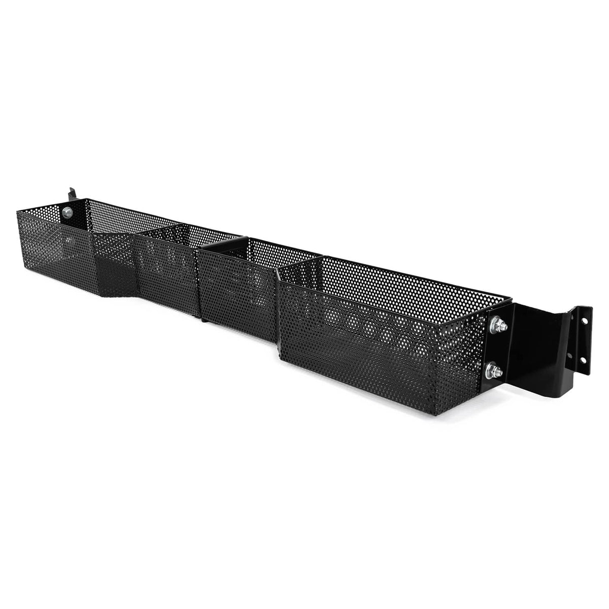 Front golf cart dash storage tray organizer with black mesh basket sections and front bracket