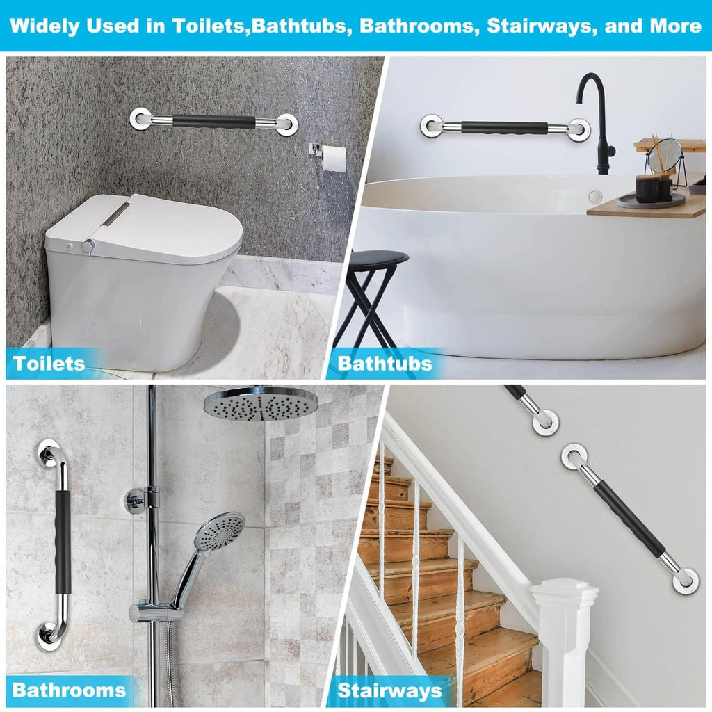 Grab bars with black anti-slip grips and chrome hardware for bathroom and stair support