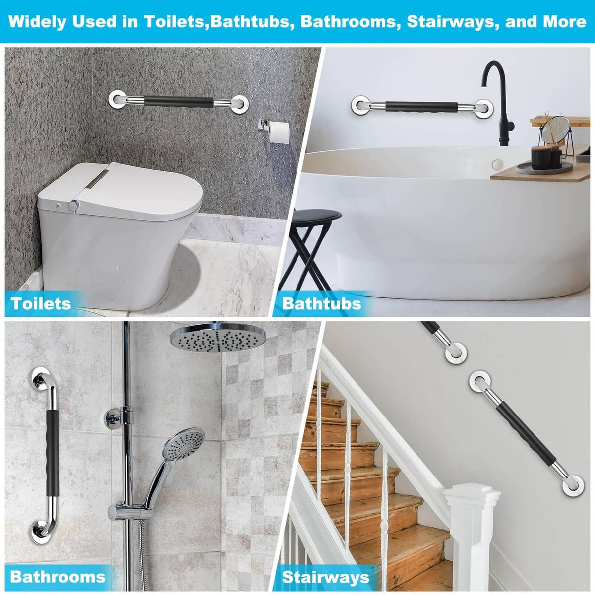 Grab bars with black anti-slip grips and chrome hardware for bathroom and stair support