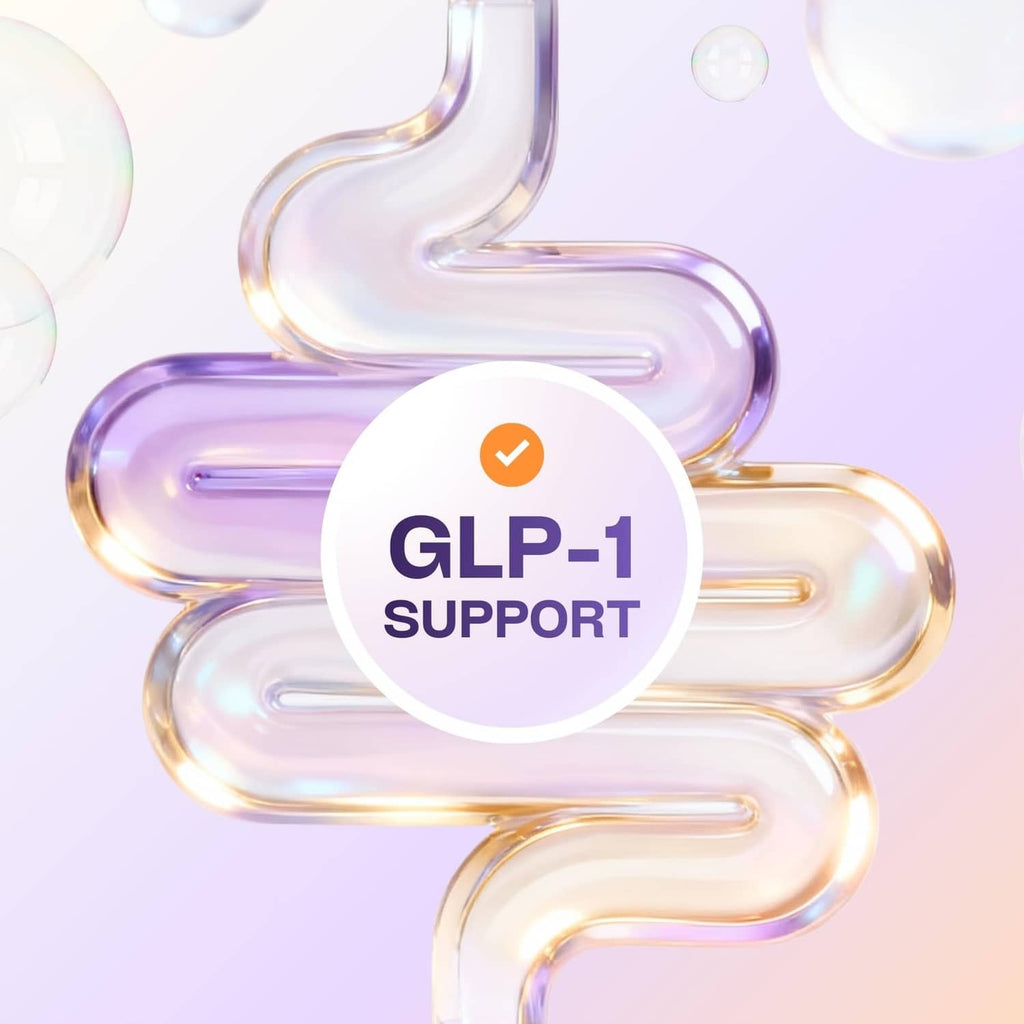 GLP-1 support badge over prebiotic fiber boost supplement icon