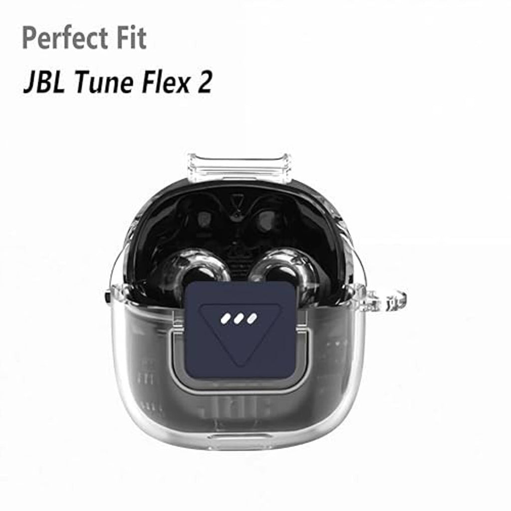 Clear TPU earbud case with dark faceplate, showing front cutout and side stems