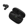 Black JBL true wireless earbuds in open charging case, with green LED indicator