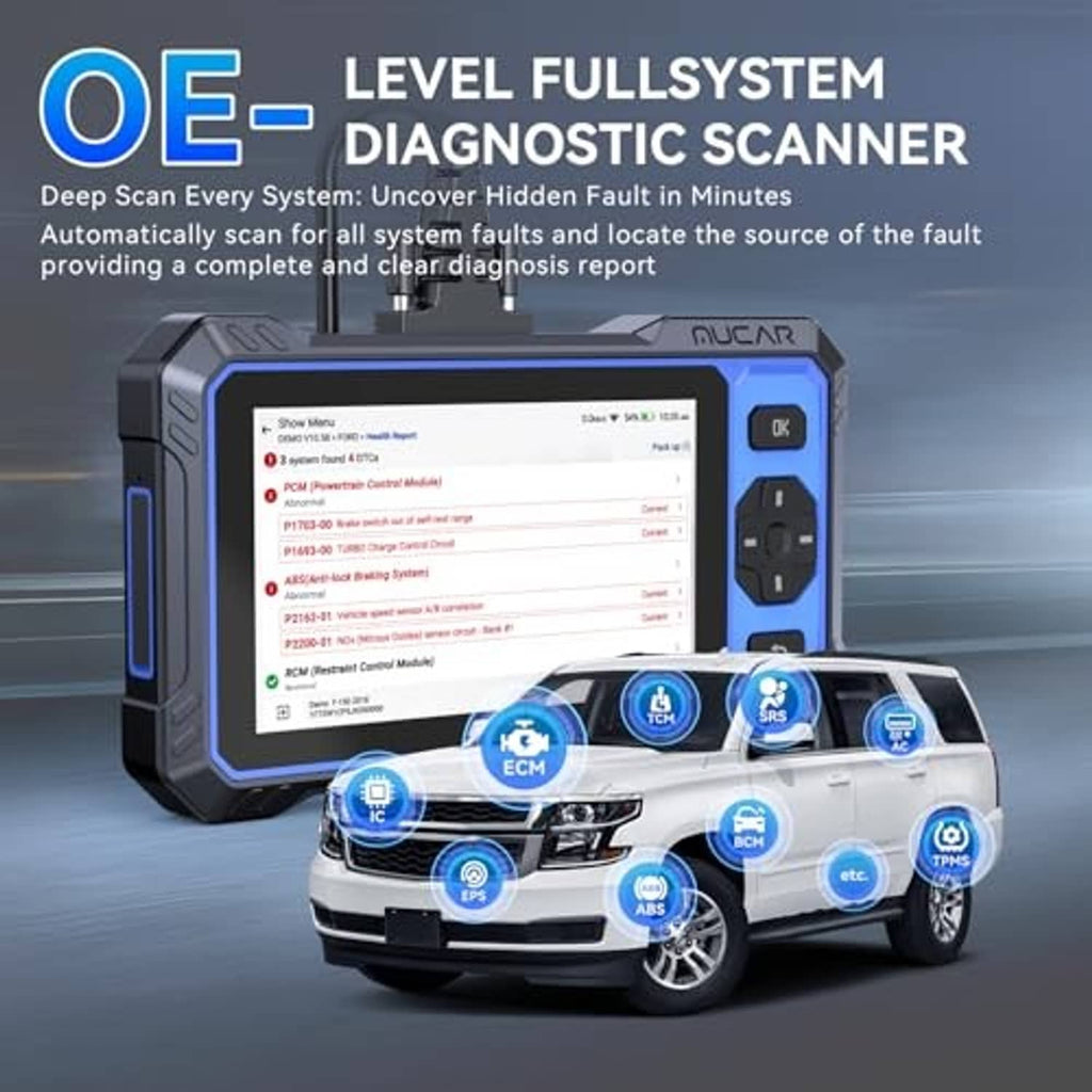 OBD2 diagnostic scanner with touchscreen results list and right-side OK button