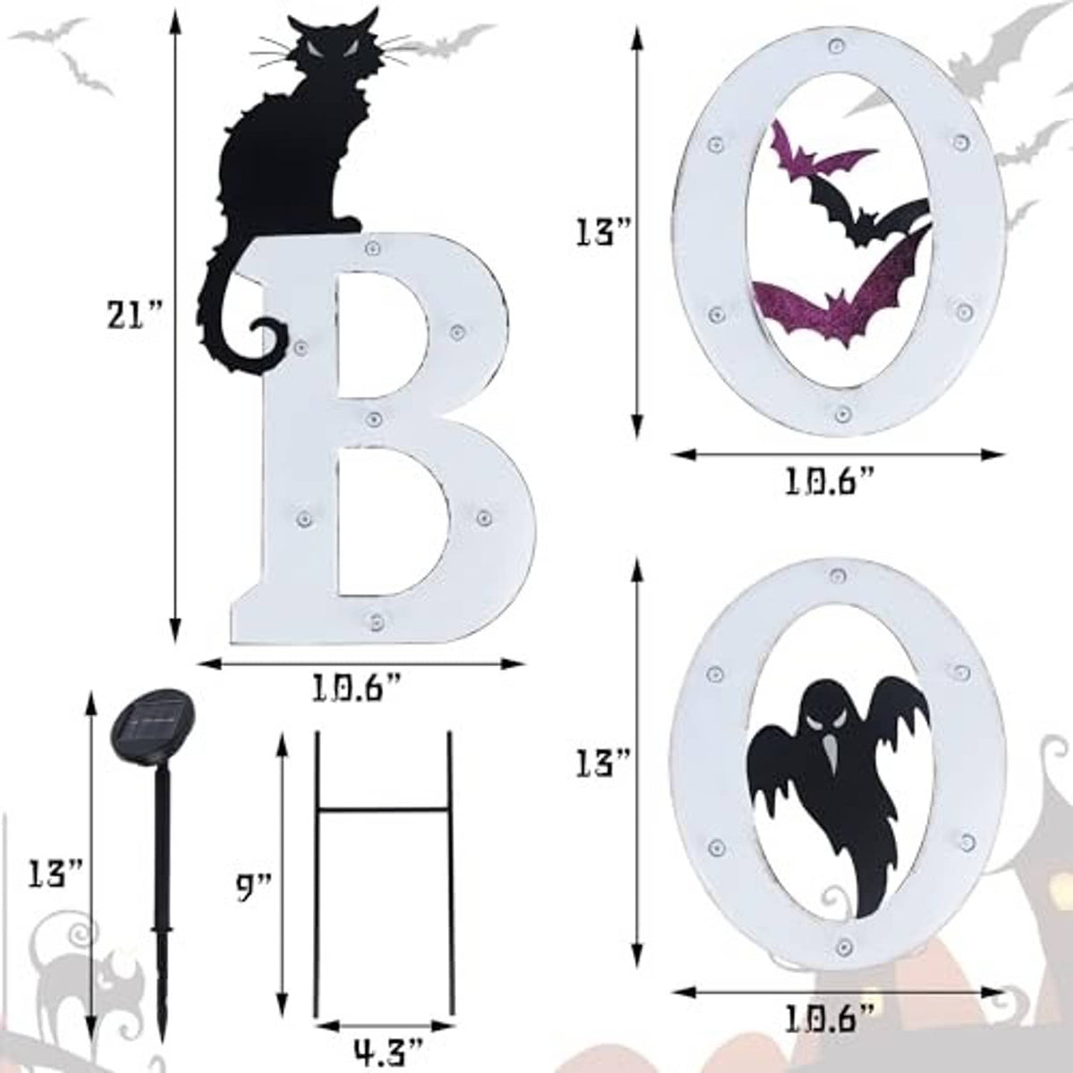 BOO solar yard sign size diagram showing oval LED borders and bat, cat, ghost shapes