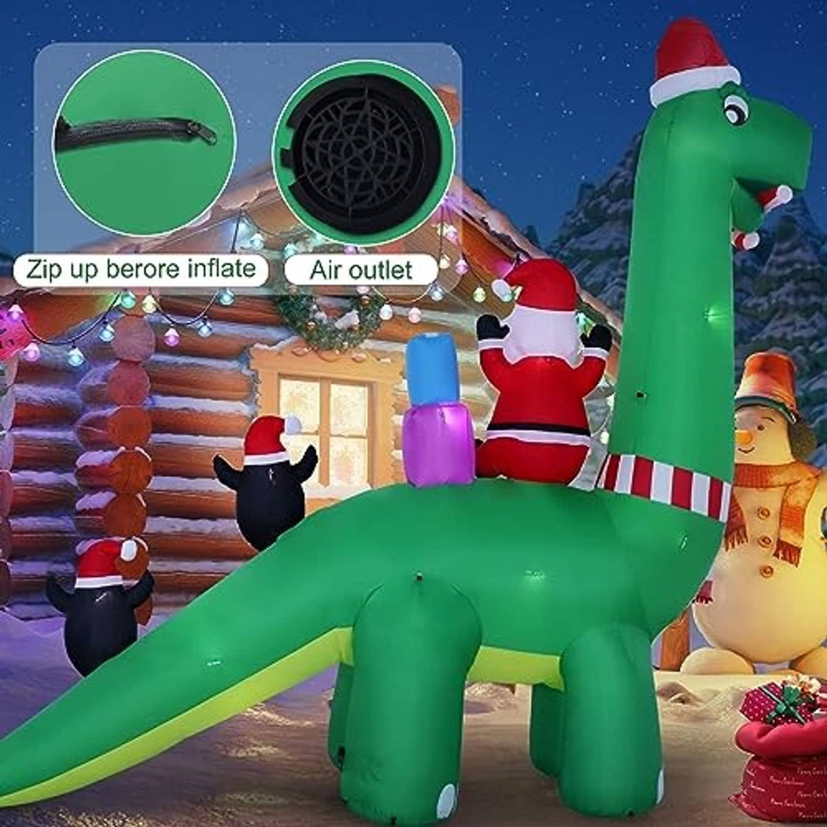 Green inflatable dinosaur decoration with Santa and penguins; air outlet and zip area shown