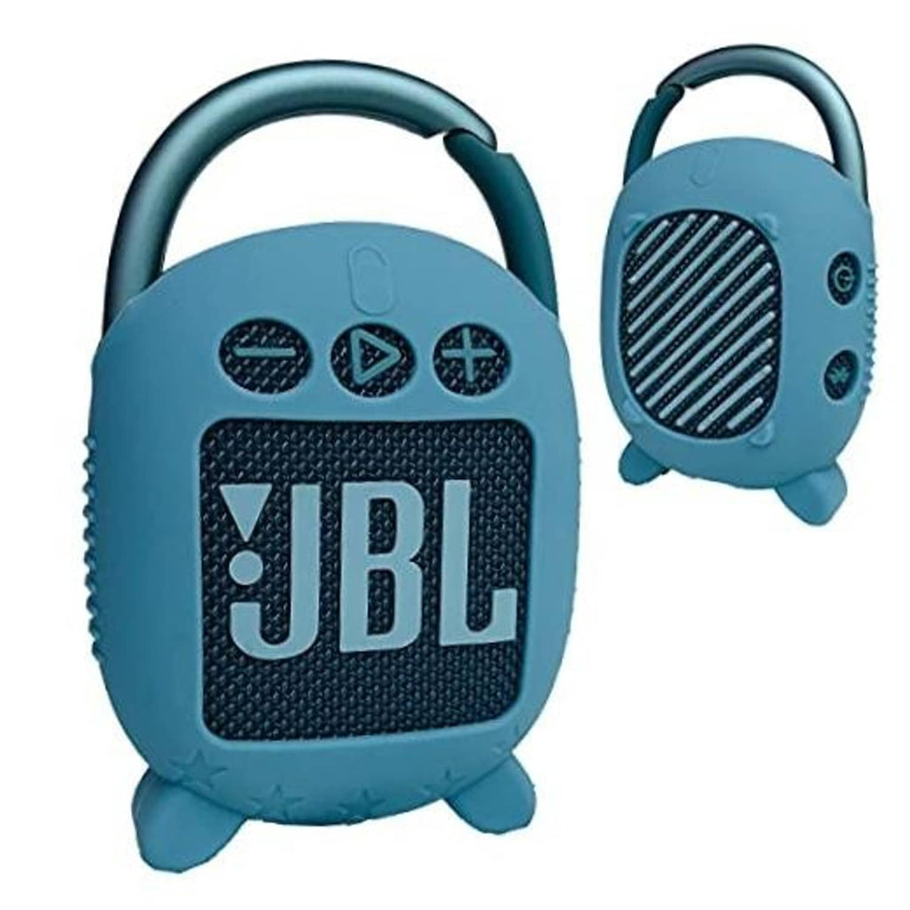 Blue silicone speaker cover case, front and side view with grille and control details