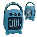 Blue silicone speaker cover case, front and side view with grille and control details