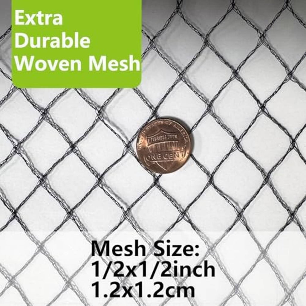 Dark woven diamond-mesh netting close-up with a coin for scale