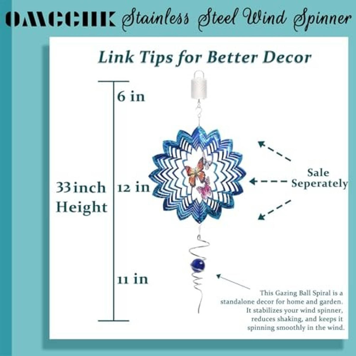 Blue and white butterfly wind spinner with stainless hook and hanging spiral spring
