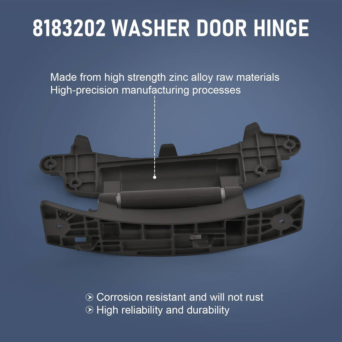 Washer door hinge with dark plastic housing and corrosion-resistant metal shaft