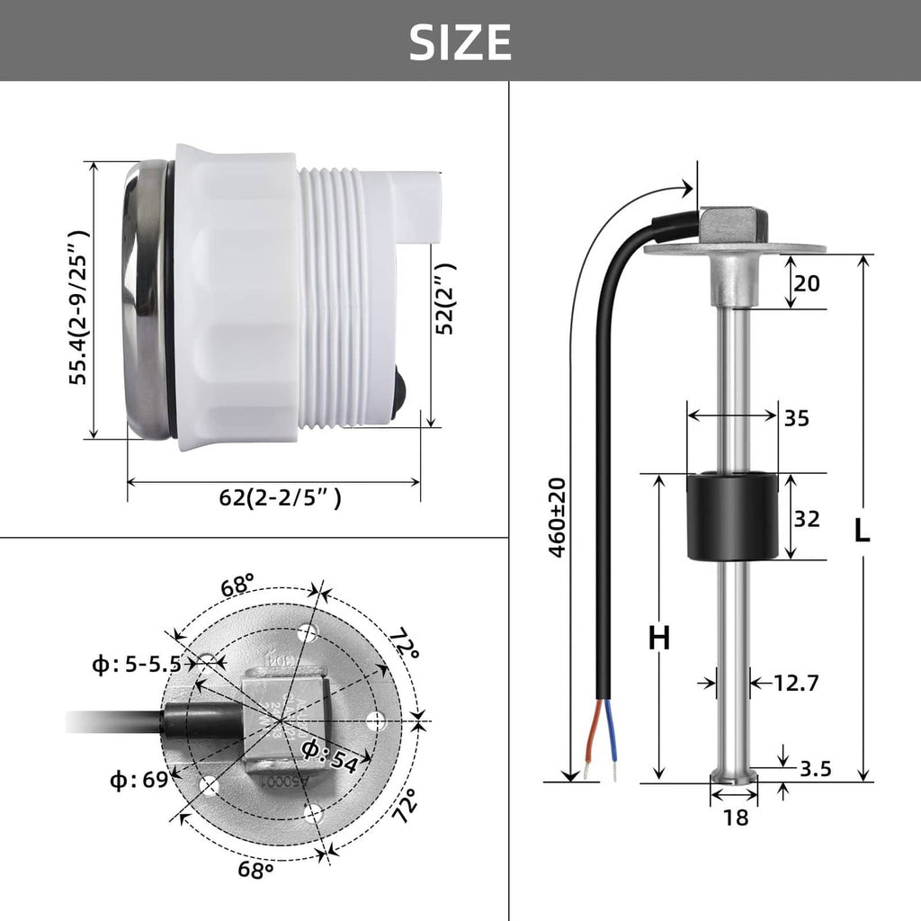 Fuel sender unit dimensions diagram with sensor and mounting measurements
