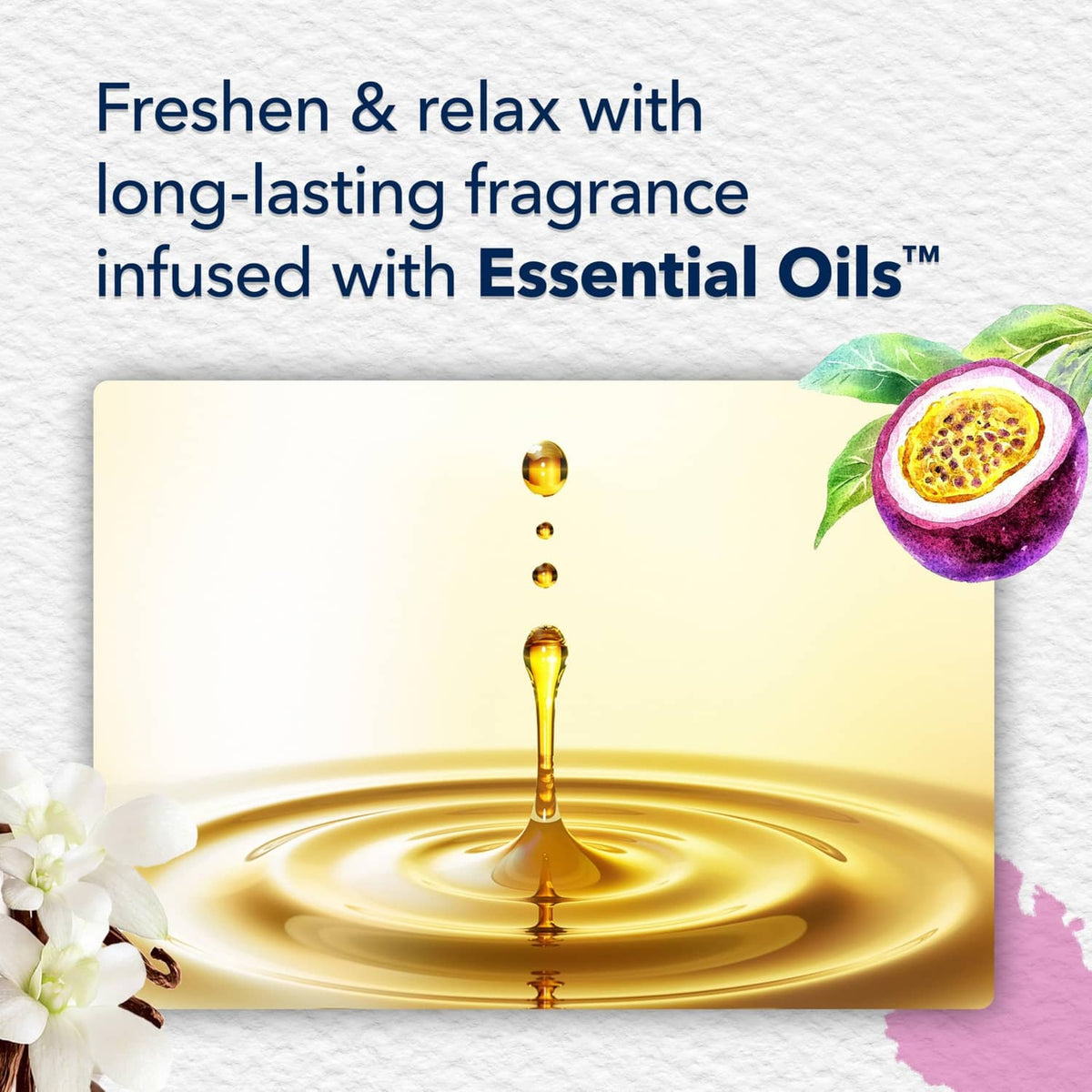 Essential oil fragrance illustration with golden oil splash for vanilla plug-in refills